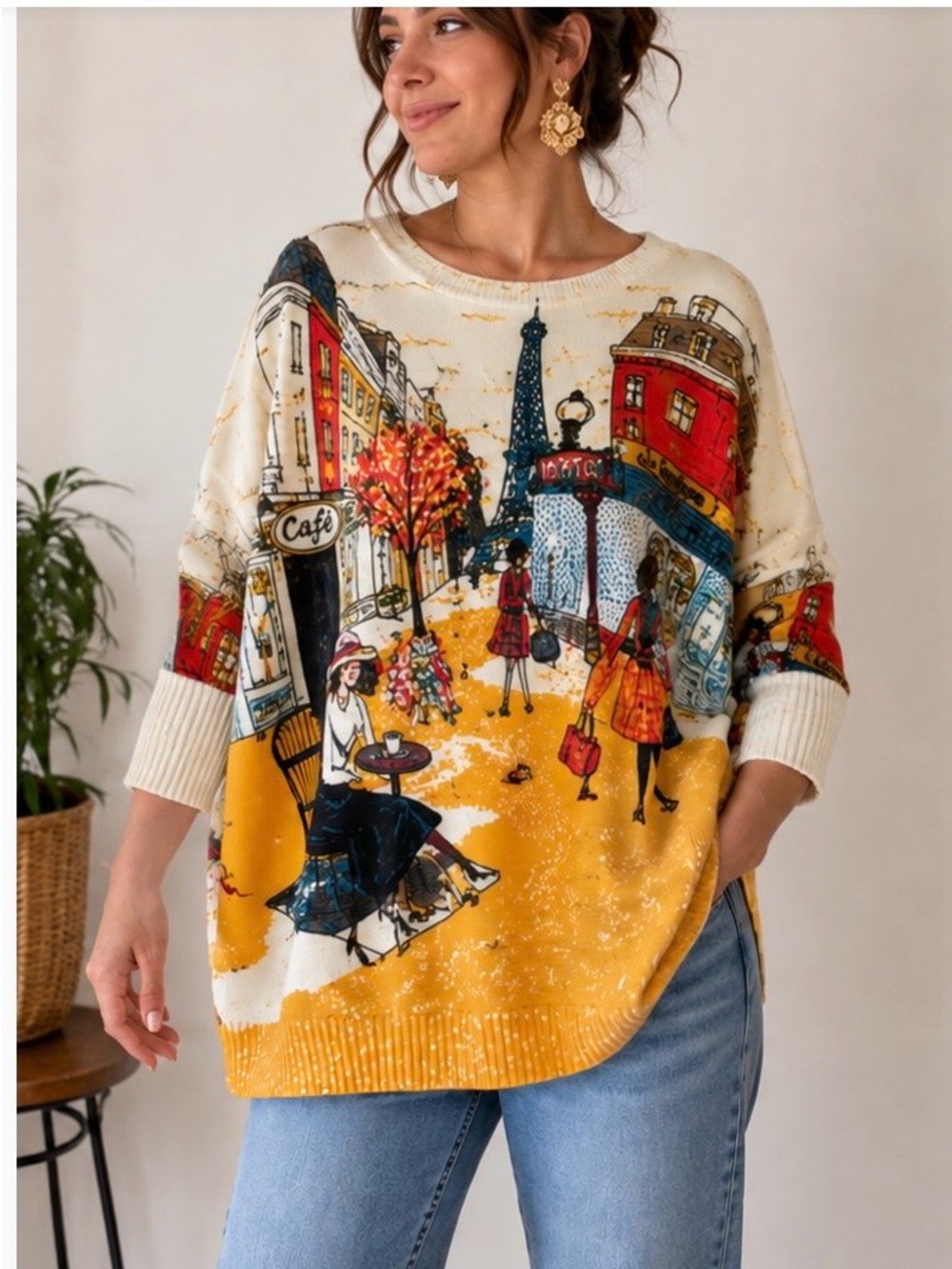 Paris Scene Knit Sweater - Yellow & Cream